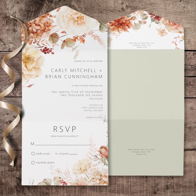 Spicy Fall Rust & Blush Boho Floral No Dinner All In One Invitation (Spicy Fall Rust & Blush Boho Floral All In One Wedding Invitation without Dinner Options)