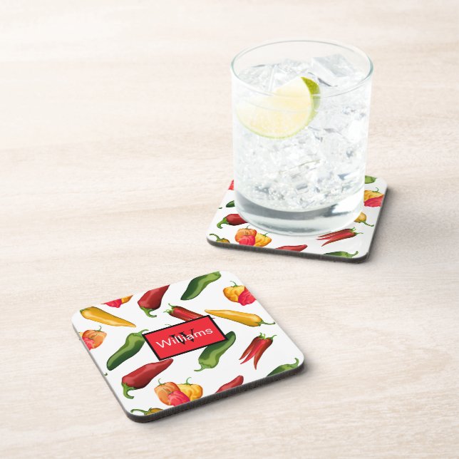 Spicy Hot Chilli Peppers Monogrammed Coaster (Right Side)