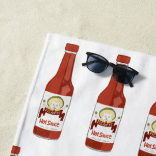 Spicy! Hot Sauce Pattern cat with maracas on white Beach Towel