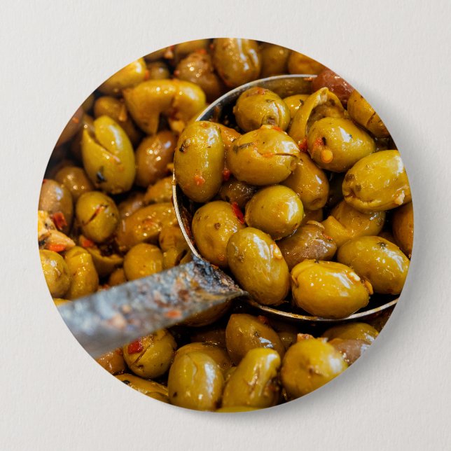 Spicy Nocellara Etnea olives 10 Cm Round Badge (Front)