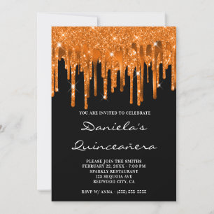 Spicy Orange Glitter Foil Drips Black Quinceañera Invitation