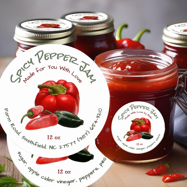Spicy Pepper Jam with Red and Green Peppers Classic Round Sticker (Creator Uploaded)