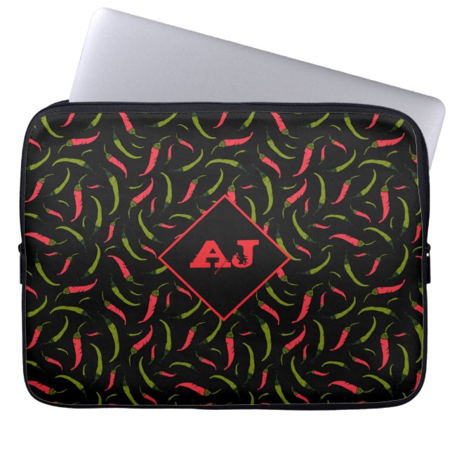 Spicy Red and Green Chilli Peppers on Black Laptop Sleeve (Front)