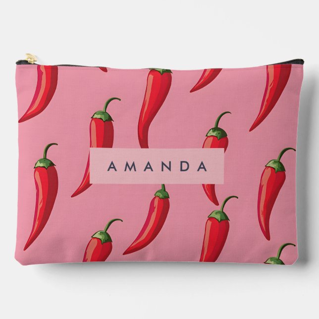 Spicy Red Chilli Pepper Pattern on Pink Background Accessory Pouch (Front)