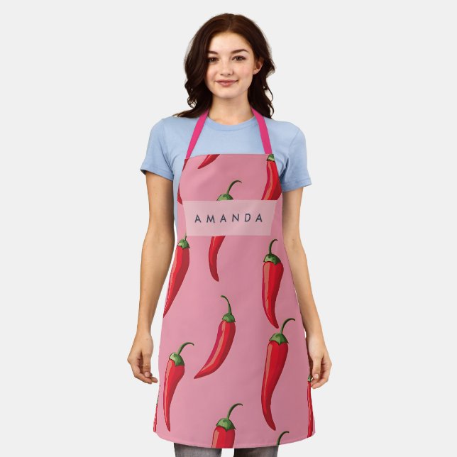 Spicy Red Chilli Pepper Pattern on Pink Background Apron (Worn)