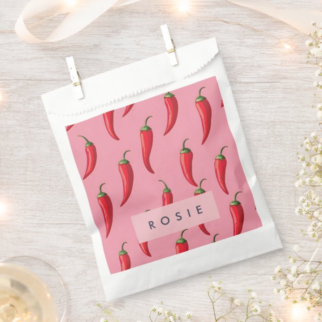 Spicy Red Chilli Pepper Pattern on Pink Background Favour Bags (Clipped)