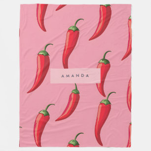 Spicy Red Chilli Pepper Pattern on Pink Background Fleece Blanket