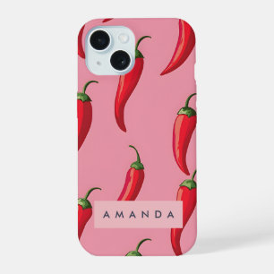 Spicy Red Chilli Pepper Pattern on Pink Background iPhone 15 Case