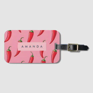 Spicy Red Chilli Pepper Pattern on Pink Background Luggage Tag