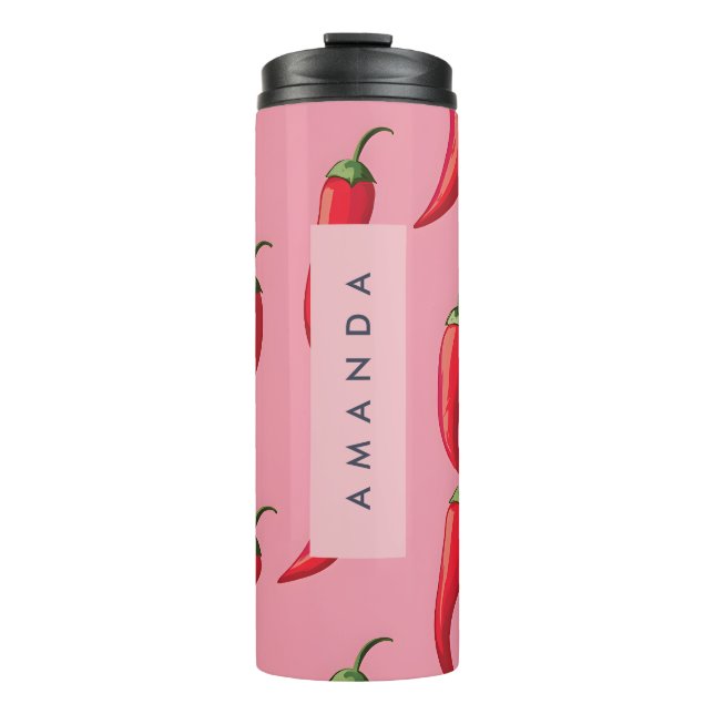 Spicy Red Chilli Pepper Pattern on Pink Background Thermal Tumbler (Front)