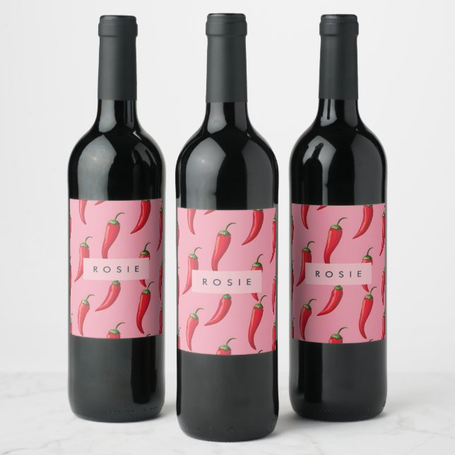 Spicy Red Chilli Pepper Pattern on Pink Background Wine Label (Bottles)