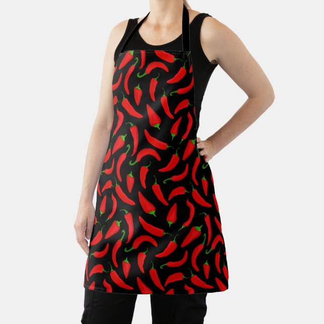 Spicy Red Chilli Peppers Pattern on Black Apron (Insitu)