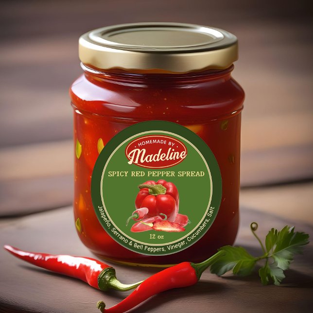 Spicy Red Pepper Spread Green and Red Classic Round Sticker (Creator Uploaded)
