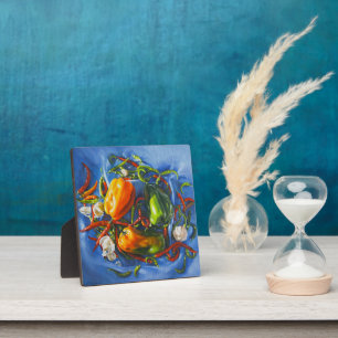 Spicy Still Life with Peppers and Garlic Plaque