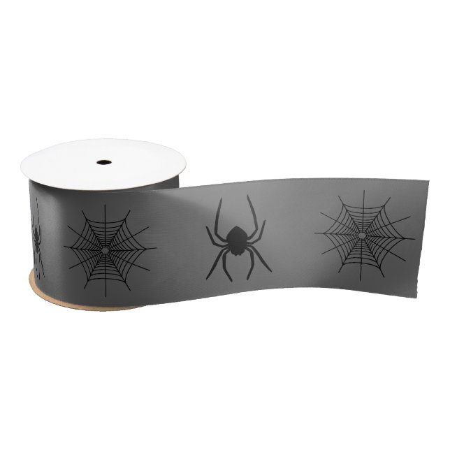 Spider And Spiderweb Shapes On Grey Halloween Satin Ribbon (Spool)