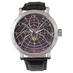 SPIDER AND WEB Green Emerald Pink Gems ,Black Watch