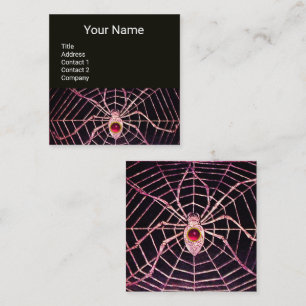 SPIDER AND WEB Pink Fuchsia Ruby Gemstone Black Square Business Card