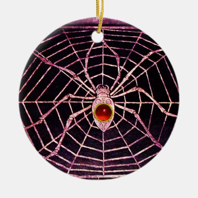SPIDER AND WEB Red Ruby Black Ceramic Tree Decoration (Front)
