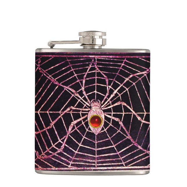 SPIDER AND WEB Red Ruby Black Hip Flask (Front)