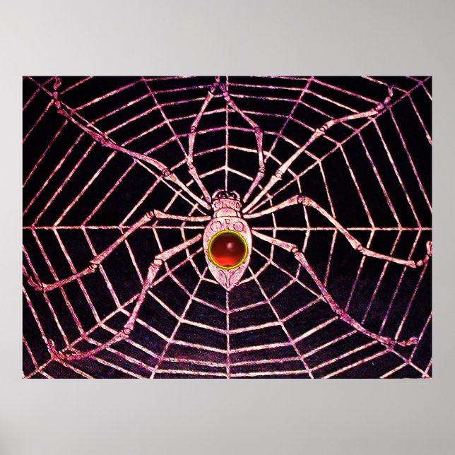 SPIDER AND WEB Red Ruby Gemstone Black Poster (Front)