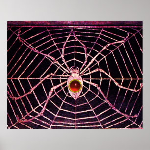 SPIDER AND WEB Red Ruby Gemstone Black Poster