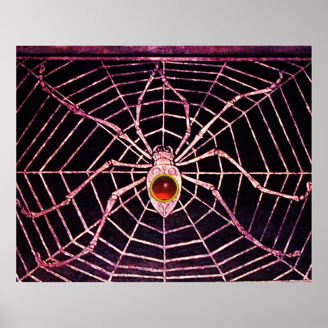 SPIDER AND WEB Red Ruby Gemstone Black Poster (Front)