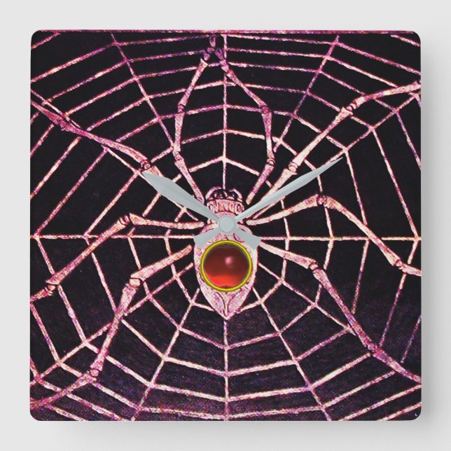 SPIDER AND WEB Red Ruby Gemstone Black Square Wall Clock (Front)