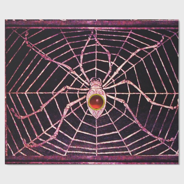 SPIDER AND WEB Red Ruby Gemstone Black Wrapping Paper (Flat)
