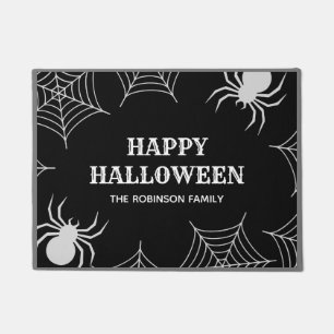 Spider Cobweb Black & White Halloween Family Name Doormat