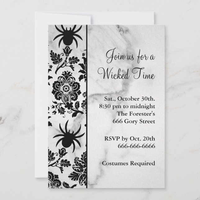 Spider Damask Halloween Invitation on Marble (Front)