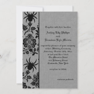 Spider Damask on Grey Linen Wedding Invitation