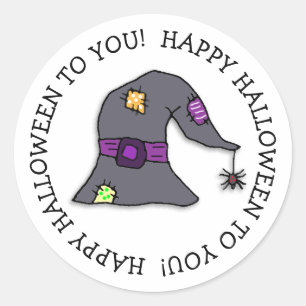 Spider dangling from Witch's Hat Halloween Classic Round Sticker