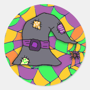 Spider dangling from Witch's Hat Halloween Classic Round Sticker