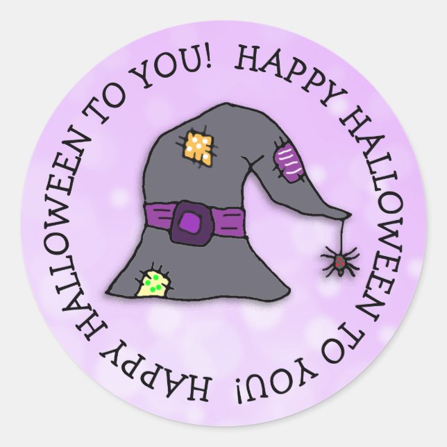 Spider dangling from Witch's Hat Halloween Classic Round Sticker (Front)