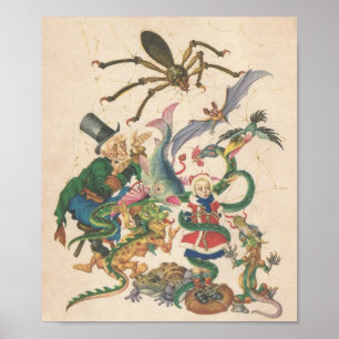Spider Dragon Bat Toad Antique Damsel in Distress Poster