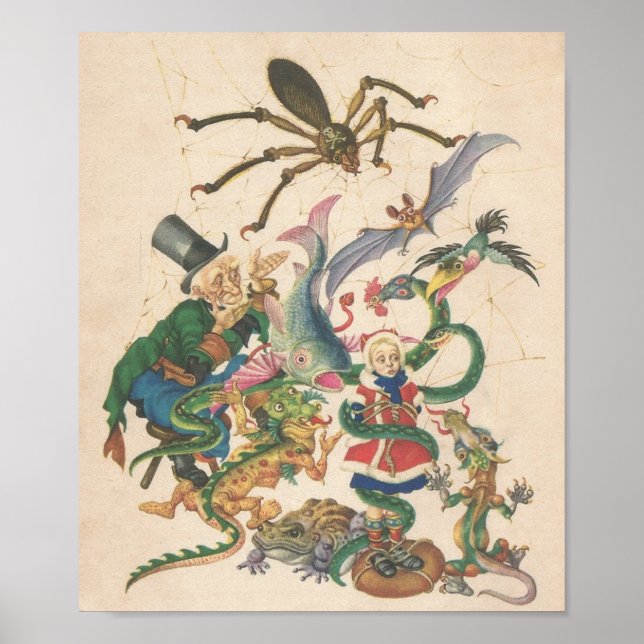 Spider Dragon Bat Toad Antique Damsel in Distress  Poster (Front)