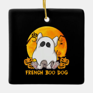Spider Gift French Boo Bulldog With Pumpkin Spider Ceramic Ornament