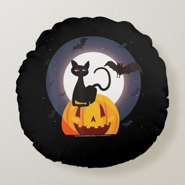 Spider Gift | Halloween Black Cat Spider Pumpkin Round Cushion (Front)