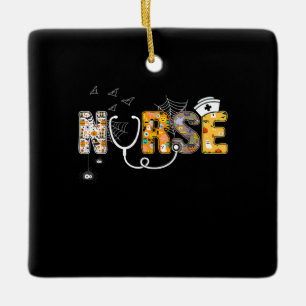 Spider Gift Halloween Nurse With Pumpkin Spider Ceramic Ornament