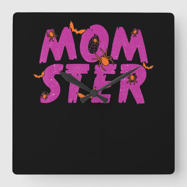 Spider Gift | MOMSTER Spider Net And Bat Halloween Square Wall Clock (Front)