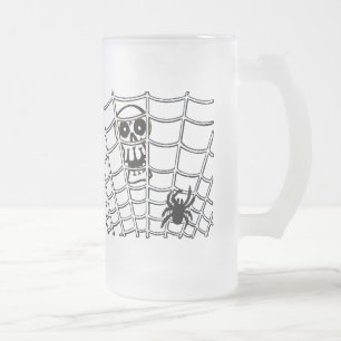 Spider in Web with Skull Frosted Glass Beer Mug