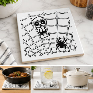 Spider in Web with Skull Halloween Tile