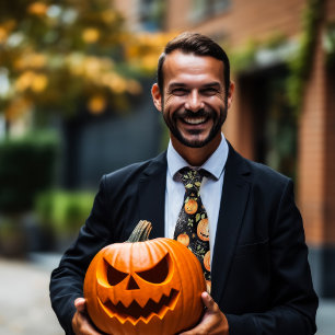 Spider & Jack-o'-lanterns   Orange Black Halloween Tie