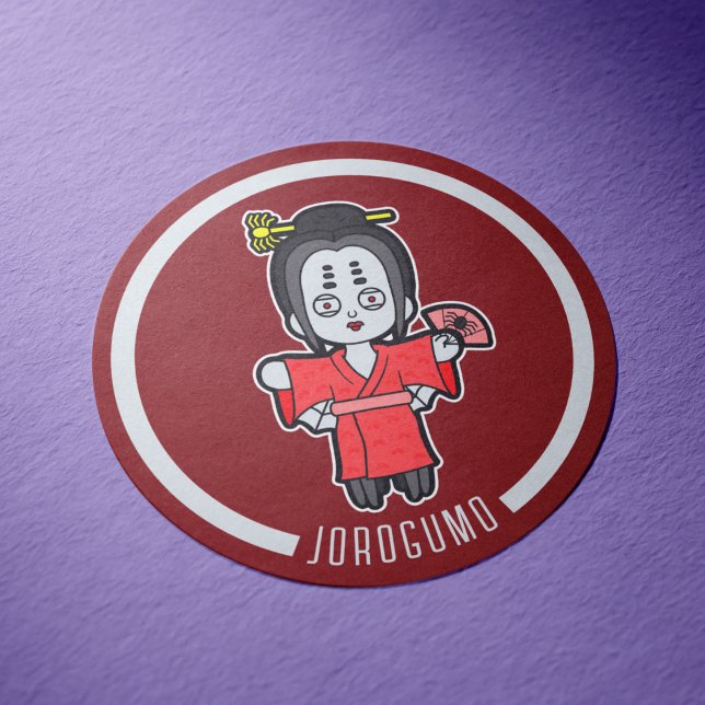 Spider Lady Jorogumo | Japanese Yokai Classic Round Sticker (Jorogumo Yokai Sticker Sheet- Desk View)
