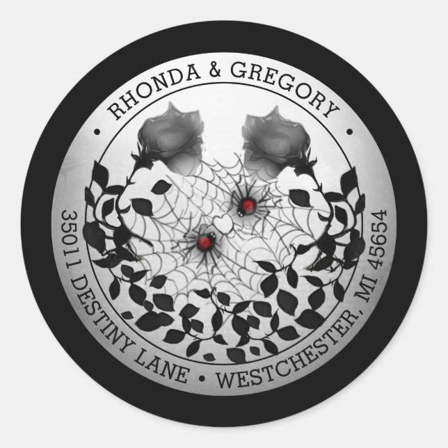 Spider Love Halloween Wedding Address Classic Round Sticker (Front)