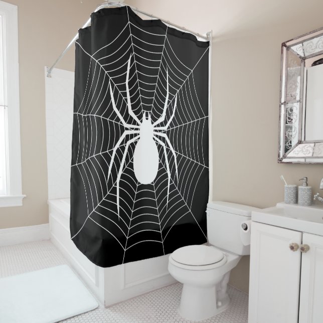 Spider on web black and white Halloween pattern Shower Curtain (In Situ)