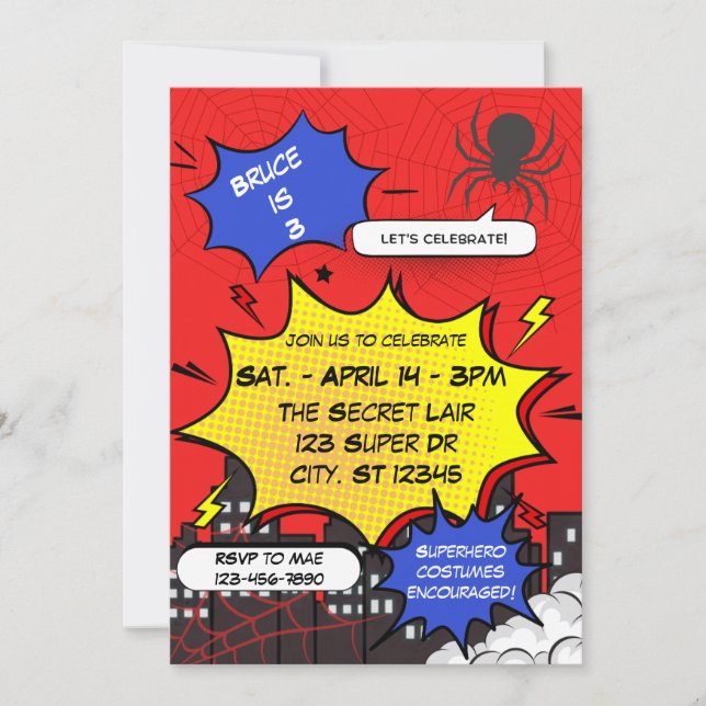 Spider Superhero Comic Birthday Invitation (Front)