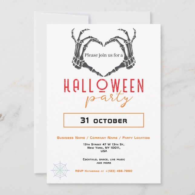 Spider Wave Skeleton Hand Business Halloween Party Invitation (Front)