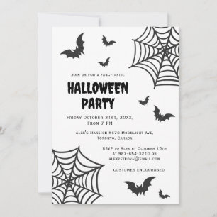 Spider Web Bat Spooky Black White Halloween Party Invitation