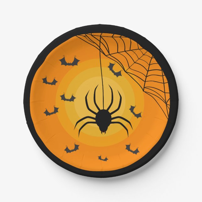 Spider Web Bats Orange Black Kids  Halloween Party Paper Plate (Front)